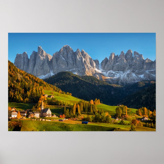 Church and village with mountains landscape poster (Front)