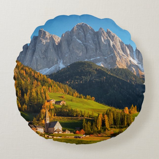Church and village with mountains landscape round cushion (Front)