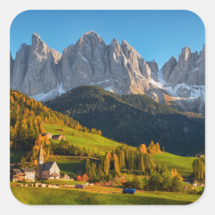 Church and village with mountains landscape square sticker