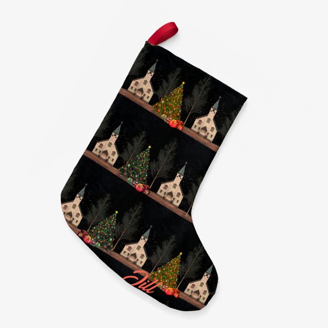 Church At Night Holiday Stocking Personalized (Front (Hanging))