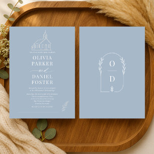 Church Chapel Dusty Blue Line Art Wedding Invitation