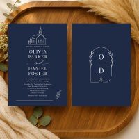 Church Chapel Navy Blue Line Art Wedding