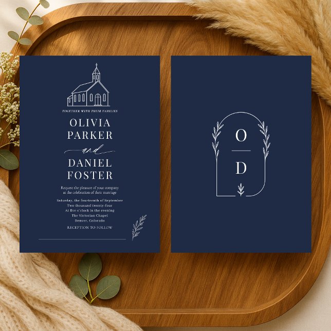 Church Chapel Navy Blue Line Art Wedding Invitation (Creator Uploaded)