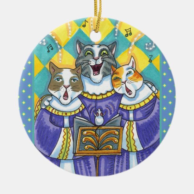 CHURCH CHOIR CATS & MOUSE SINGING CHRISTMAS CAROLS CERAMIC ORNAMENT (Front)