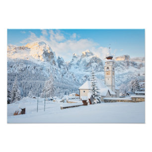 Church covered in snow with mountain background photo print