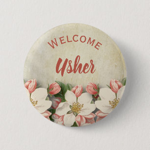 Church Event Welcome Usher Vintage Flower 6 Cm Round Badge