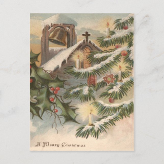 Church Holly Christmas Tree Candle Ornament Holiday Postcard (Front)