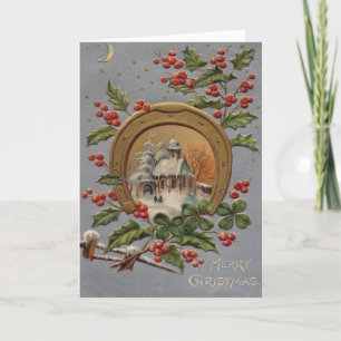 Church Holly Christmas Tree Gold Horseshoe Holiday Card