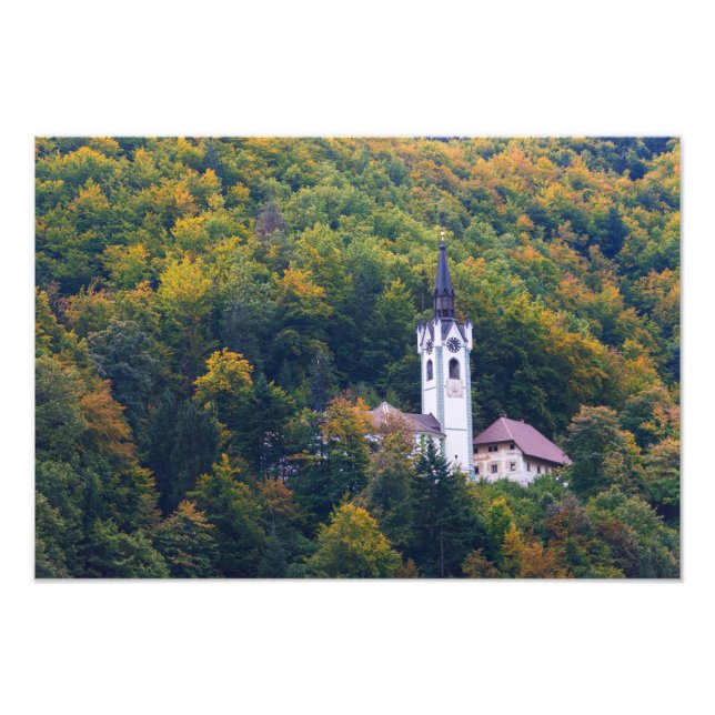 Church in a fall forest in Slovenia Photo Print (Front)