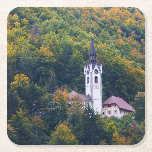 Church in a fall forest in Slovenia Square Paper Coaster (Front)