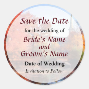 Church in Autumn Save the Date Classic Round Sticker