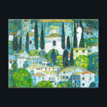 Church in Cassone Gustav Klimt Postcard<br><div class="desc">Postcard featuring Gustav Klimt’s oil painting Church in Cassone (1913). A beautiful Italian church is surrounded with green trees on the shore of blue waters. A marvellous gift for Art Nouveau lovers and Austrian art enthusiasts!</div>