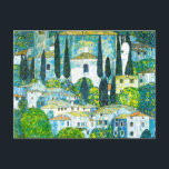 Church in Cassone Gustav Klimt Postcard<br><div class="desc">Postcard featuring Gustav Klimt’s oil painting Church in Cassone (1913). A beautiful Italian church is surrounded with green trees on the shore of blue waters. A marvellous gift for Art Nouveau lovers and Austrian art enthusiasts!</div>