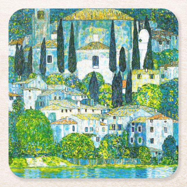 Church in Cassone Gustav Klimt Square Paper Coaster (Front)