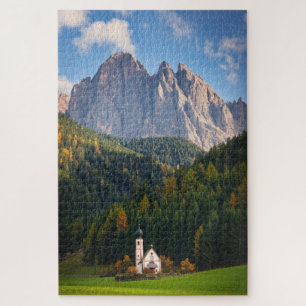 Church in front of Dolomites mountains in Italy Jigsaw Puzzle