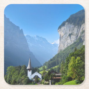 Church in Lauterbrunnen valley, Switzerland Square Paper Coaster