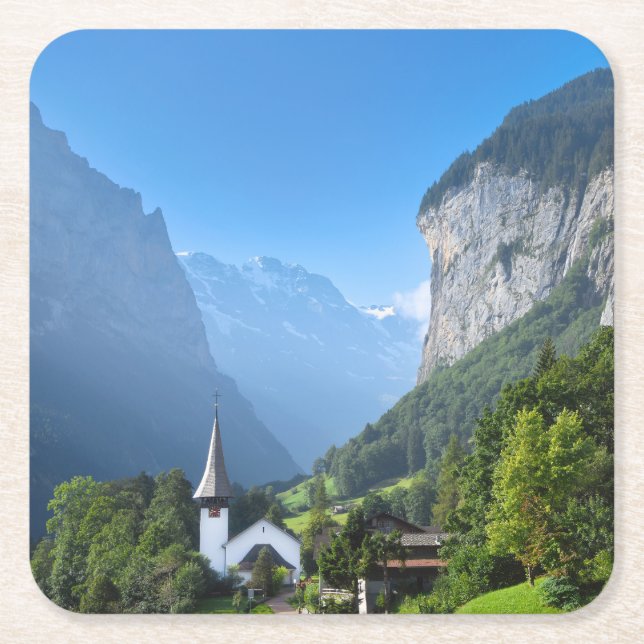 Church in Lauterbrunnen valley, Switzerland Square Paper Coaster (Front)