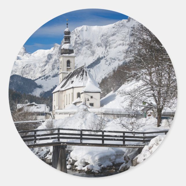 Church in the snow with Alps mountains Classic Round Sticker (Front)