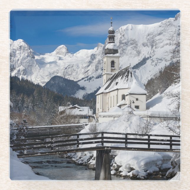 Church in the snow with Alps mountains Glass Coaster (Front)