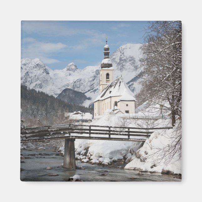 Church in the snow with Alps mountains in winter Magnet (Front)