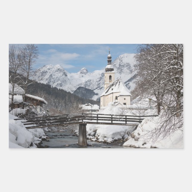Church in the snow with Alps mountains in winter Rectangular Sticker (Front)
