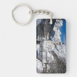 Church in the snow with Alps mountains Key Ring