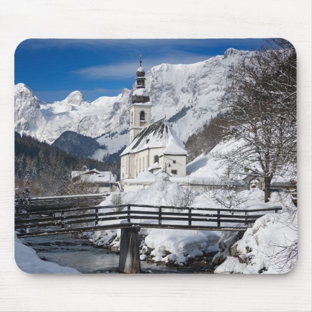 Church in the snow with Alps mountains Mouse Pad (Front)