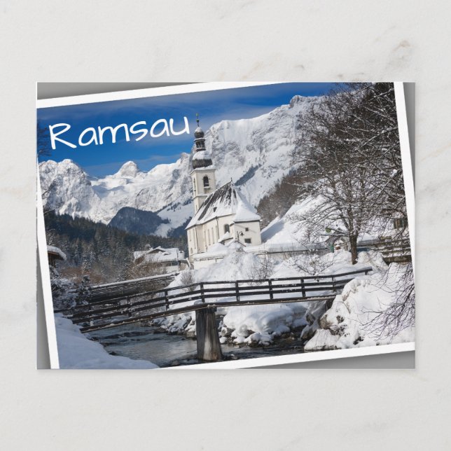 Church in the snow with Alps mountains Postcard (Front)