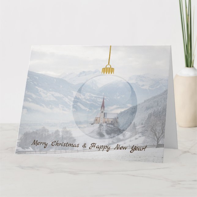 Church in winter in a glass ball christmas card (Front)