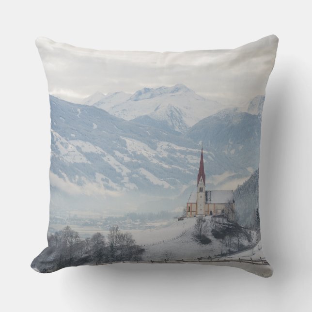 Church in Zillertal in winter throw pillow (Front)