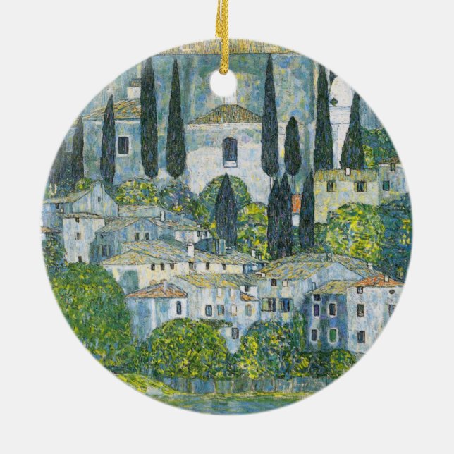 Church (Kirche) in Cassone by Gustav Klimt Ceramic Ornament (Back)