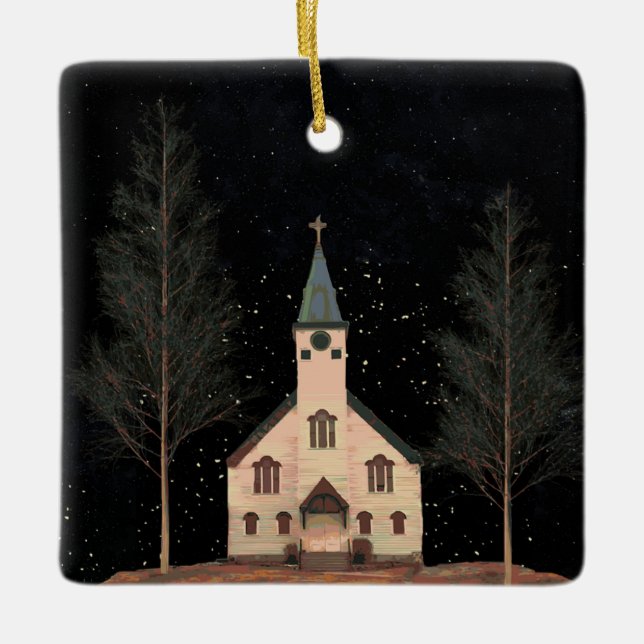Church & Night Sky Ceramic Ornament (Front)