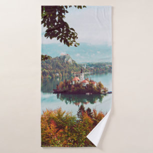 Church of Assumption in Lake Bled Slovenia in the Bath Towel