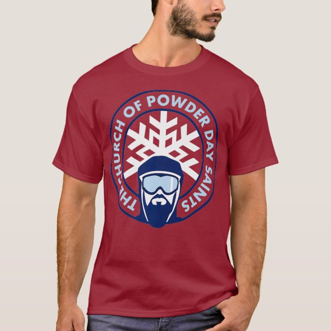 Church of Powder Day Saints Royal Emblem Skiing T-Shirt (Front)