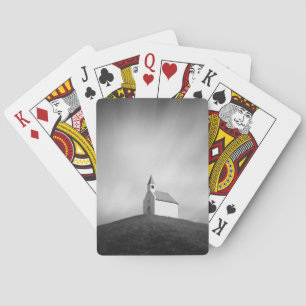 Church on a hill in black and white playing cards