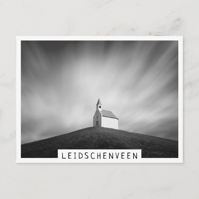 Church on a hill in black and white postcard (Front)