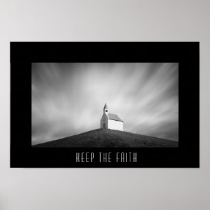 Church on a hill in black and white poster