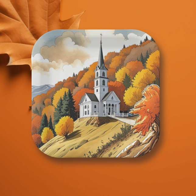 Church on a Hill in the Autumn Season Paper Plate (Creator Uploaded)