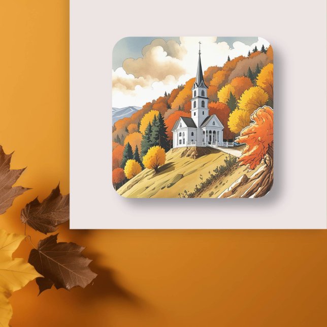 Church on a Hill in the Autumn Season Square Sticker (Creator Uploaded)