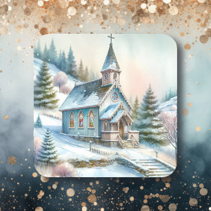 Church on a Snowy Winter Day   Christmas Square Sticker