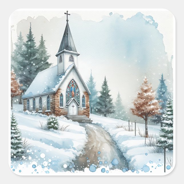 Church on a Winter Day | Watercolor Christmas Square Sticker (Front)