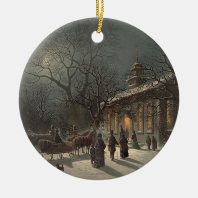 Church on Christmas Eve Ceramic Ornament (Front)