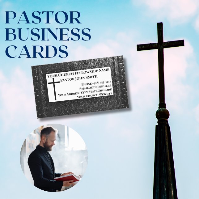 Church Pastor Black Leather Christian Magnetic Business Card (Church Pastor Business Cards)