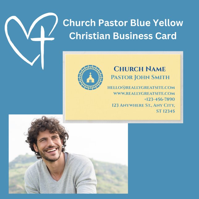 Church Pastor Blue Yellow Christian Business Card (Church Pastor Blue Yellow Christian Business Cards)