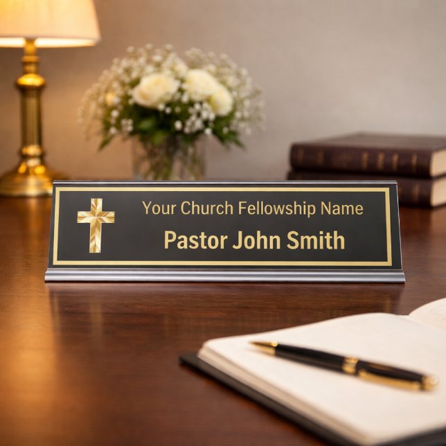 Church Pastor Classy Black Desk Name Plate (No foil will be used in this product, the faux gold effect is simulated in the artwork.)