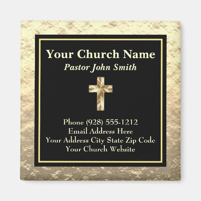 Church Pastor Gold And Black Business Card Magnet (Front)
