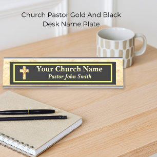 Church Pastor Gold And Black Desk Name Plate