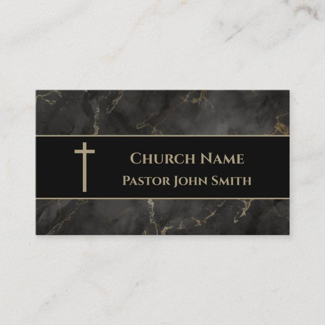 Church Pastor Gold and Black Marble Christian Business Card (Front)