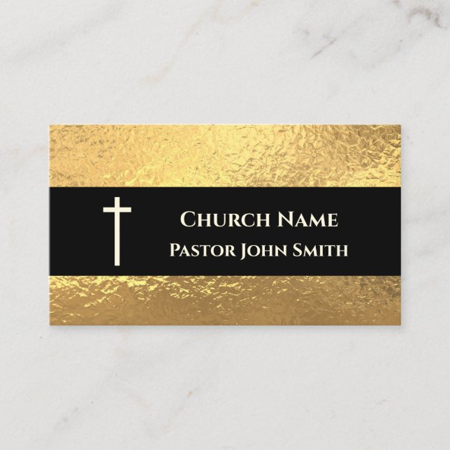 Church Pastor Gold Black Classy Christian Business Card (Front)