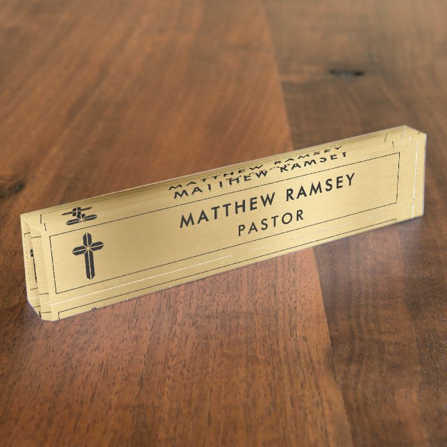 Church Pastor Minister Modern Minimal Cross Gold Nameplate (Side)